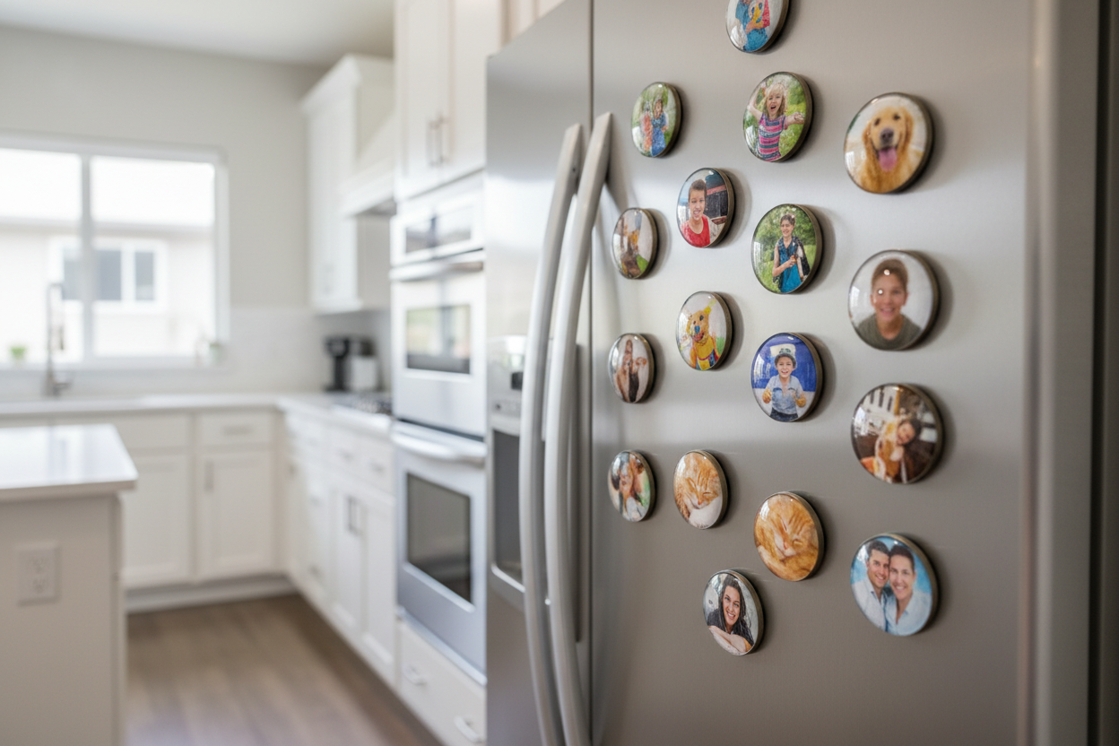 an array of small one inch glass cbochon photo magnets on the front of a fridge in a crisp clean kitchen showing family photos and pets. 